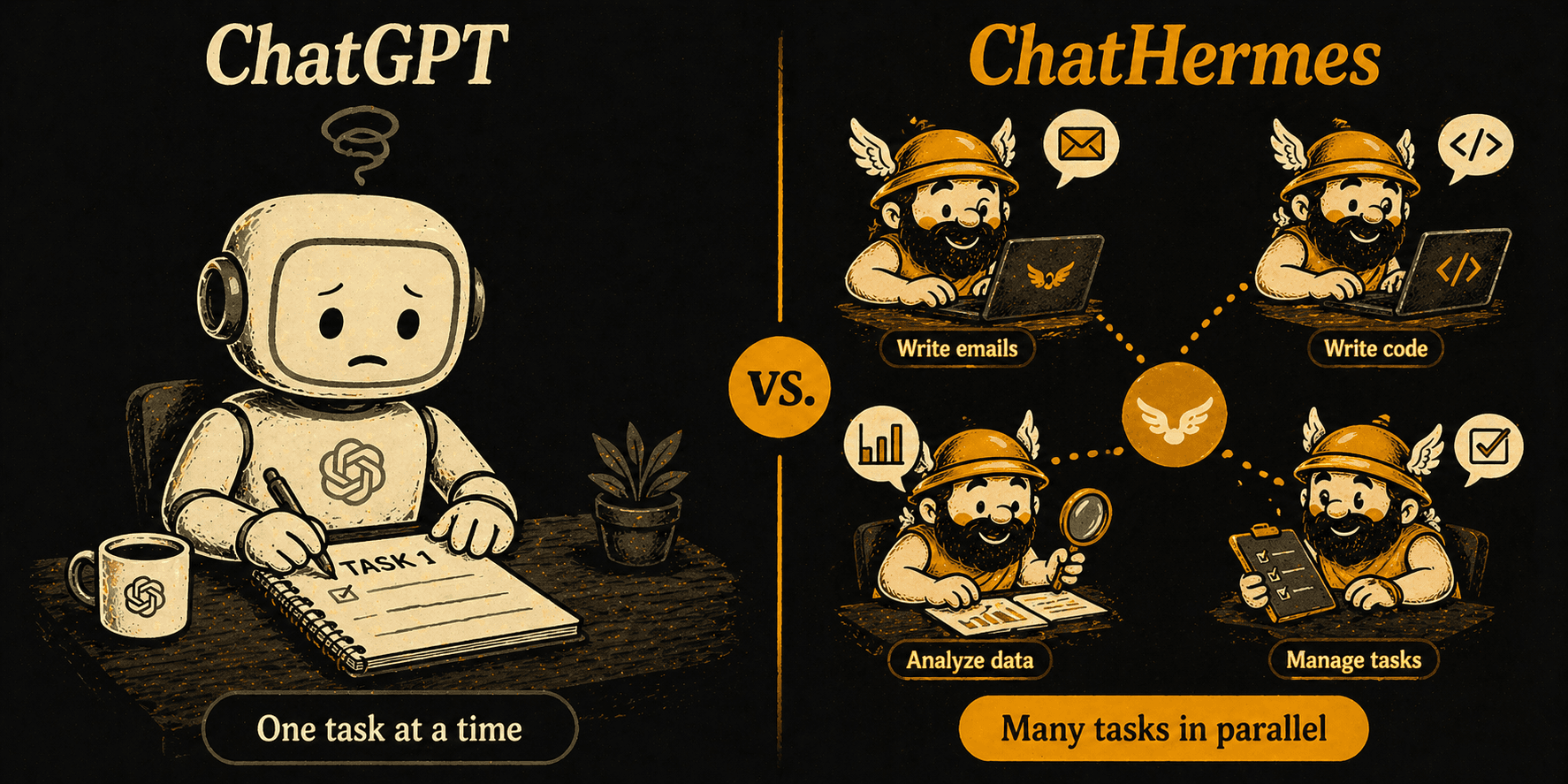 ChatGPT one task vs ChatHermes many in parallel