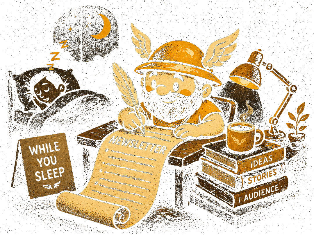 Hermes writing a newsletter at night while you sleep